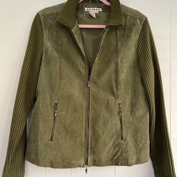 A.M.I. Olive Green Leather Jacket Texture Sleeves and Collar Size Large - Picture 5 of 16